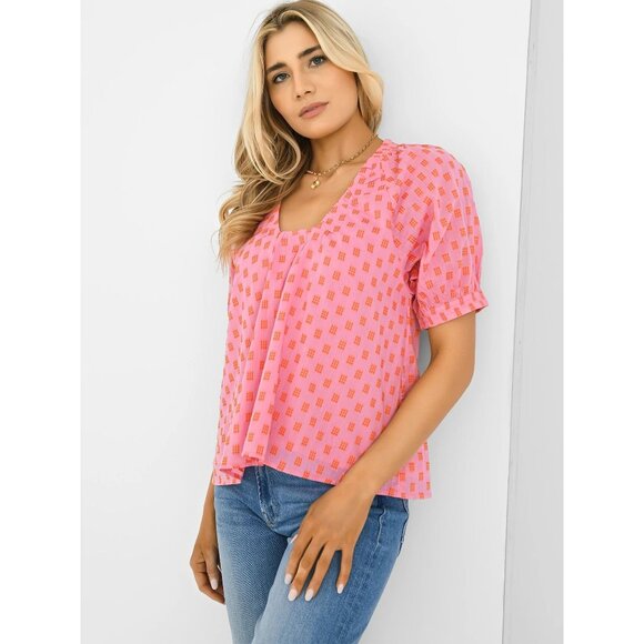 NWT size S‎ Never A Wallflower pink 9 dot punch marakesh blouse top short slv - Picture 10 of 11